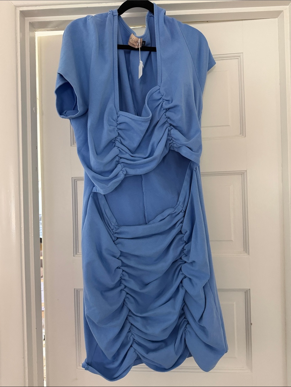 Sky Blue Ruched Mini Dress - Women's Gathered Detail
